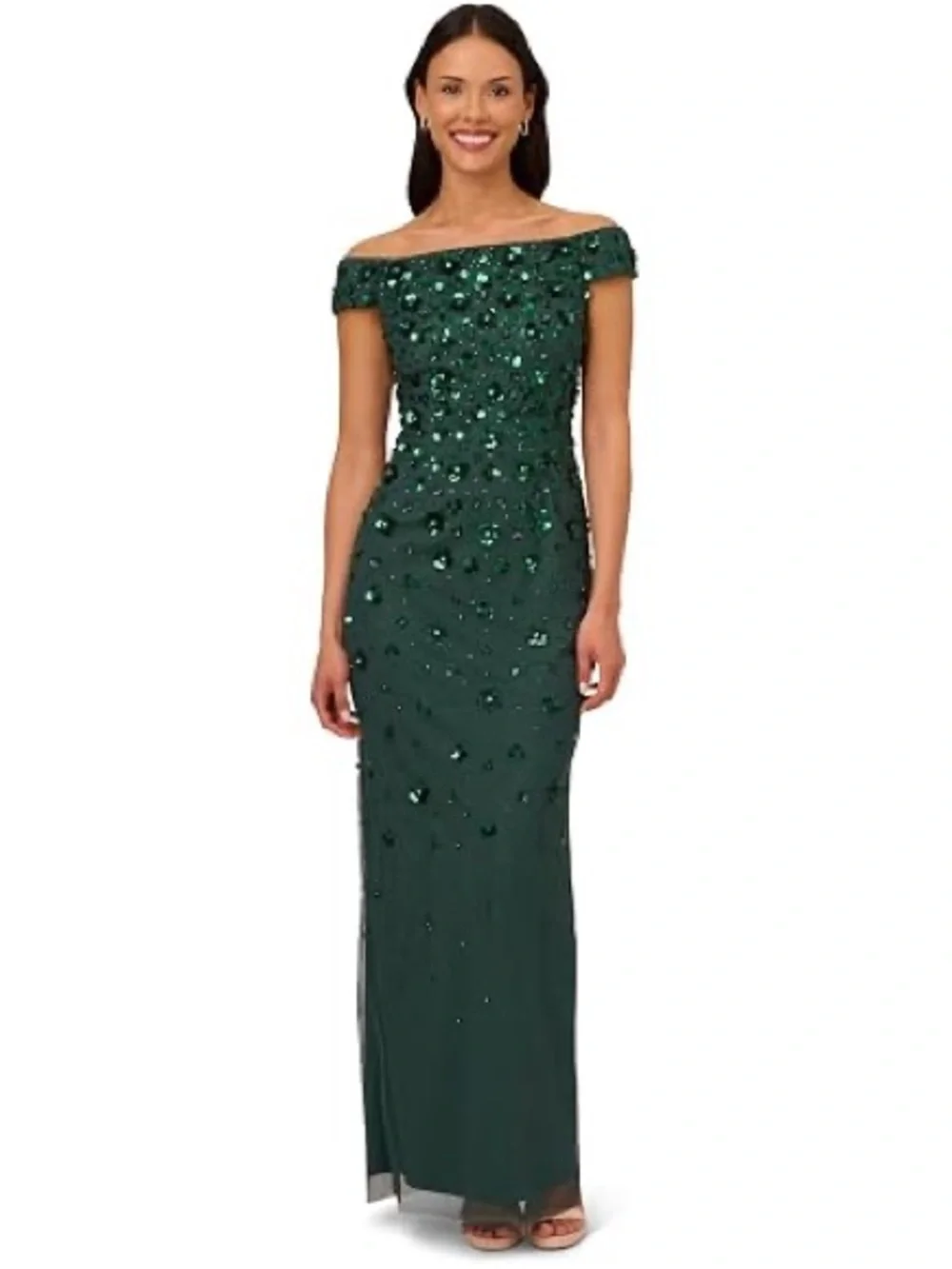 Adrianna Papell SZ 4 NWT Emerald Green Sequin Off Shoulder Formal Gown GALA MOB